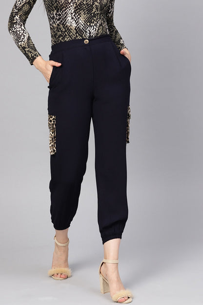 Women's Navy Solid Joggers With Patch Pocket