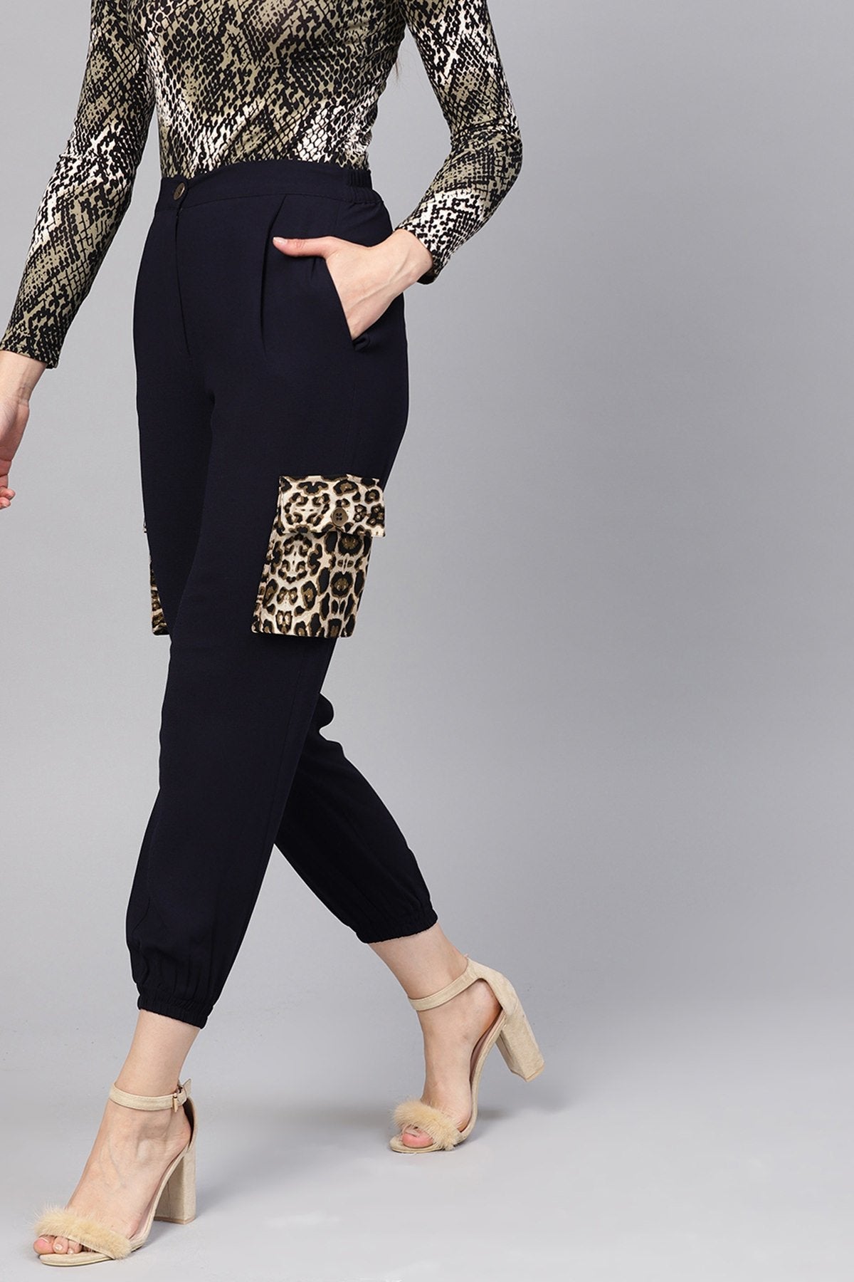 Women's Navy Solid Joggers With Patch Pocket