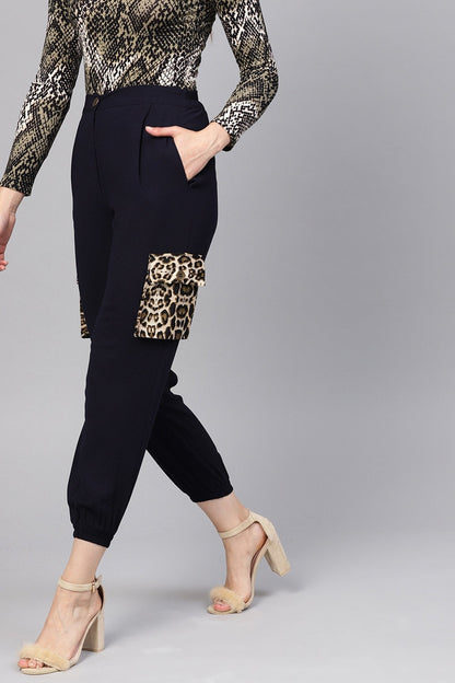 Women's Navy Solid Joggers With Patch Pocket