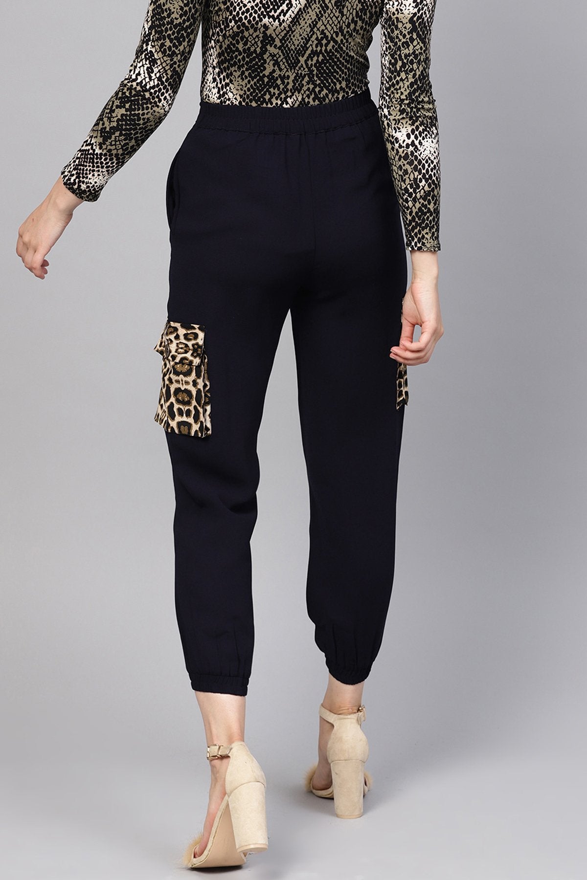 Women's Navy Solid Joggers With Patch Pocket