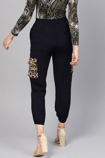 Women's Navy Solid Joggers With Patch Pocket
