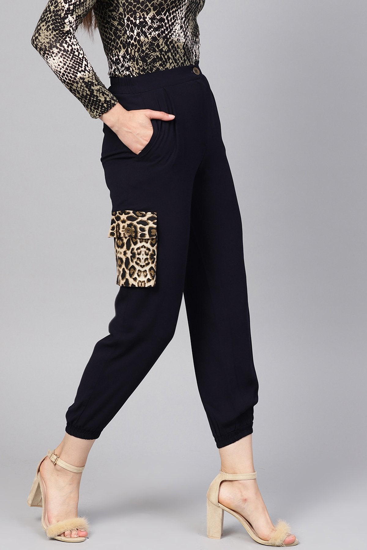 Women's Navy Solid Joggers With Patch Pocket