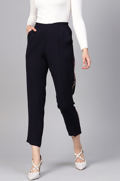 Women's Navy Solid Side Tape Peg Trousers