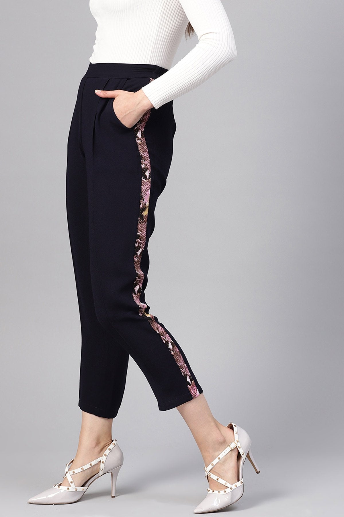 Women's Navy Solid Side Tape Peg Trousers