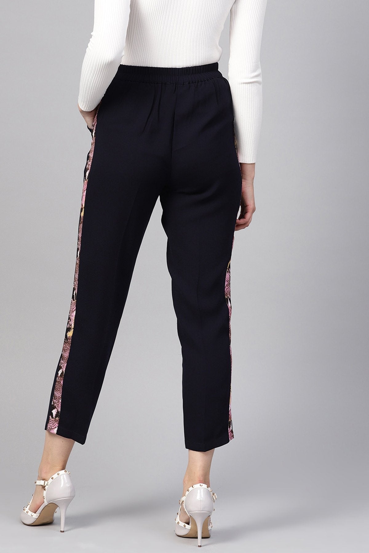 Women's Navy Solid Side Tape Peg Trousers