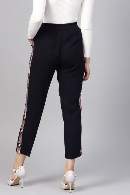 Women's Navy Solid Side Tape Peg Trousers