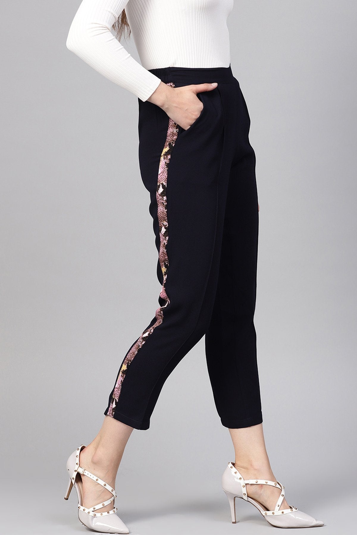Women's Navy Solid Side Tape Peg Trousers