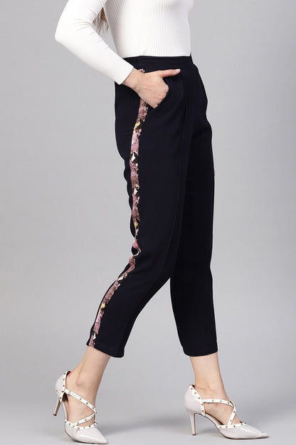 Women's Navy Solid Side Tape Peg Trousers