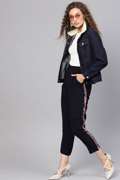 Women's Navy Solid Side Tape Peg Trousers