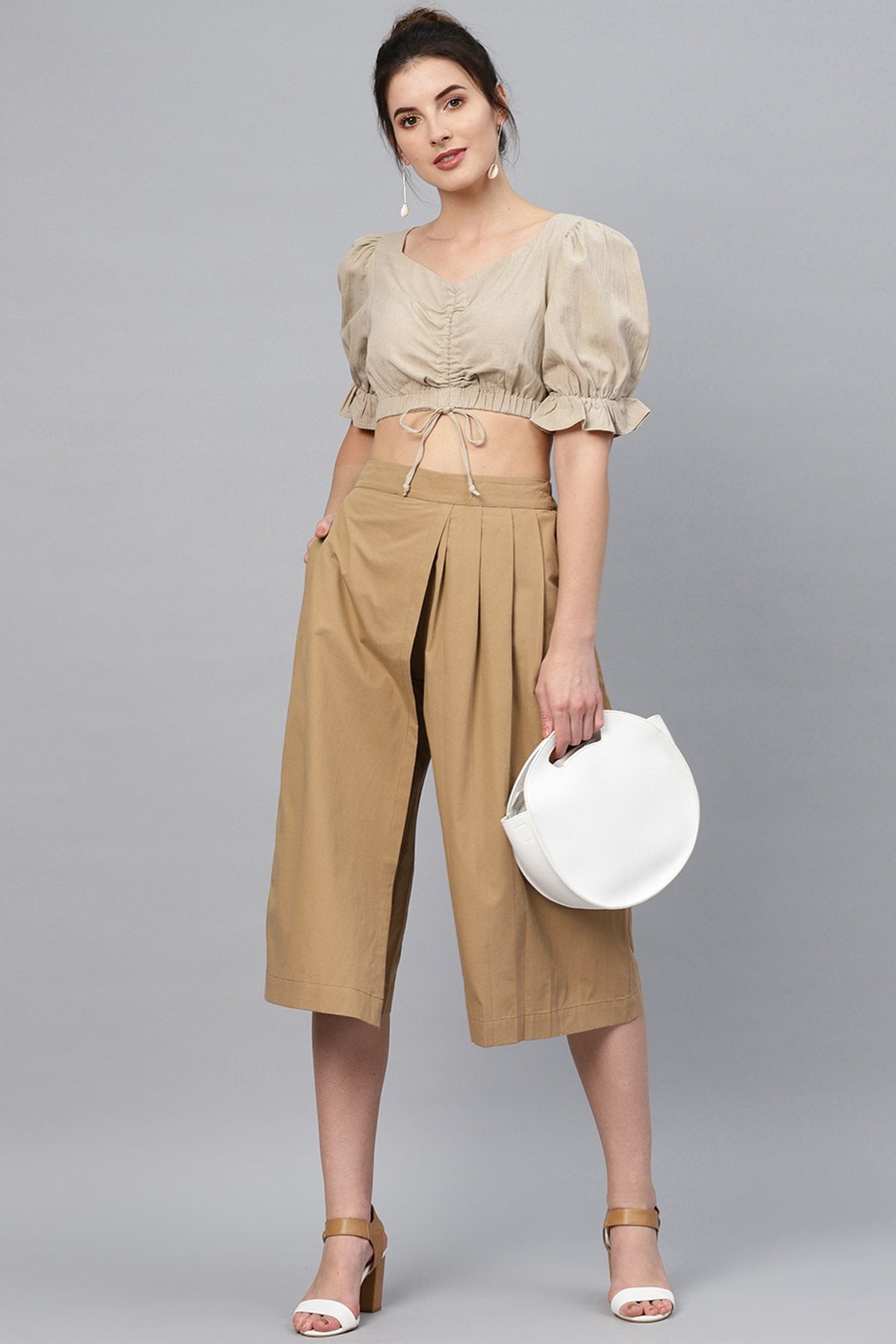 Women's Brown Side Pleated Palazzo Pants