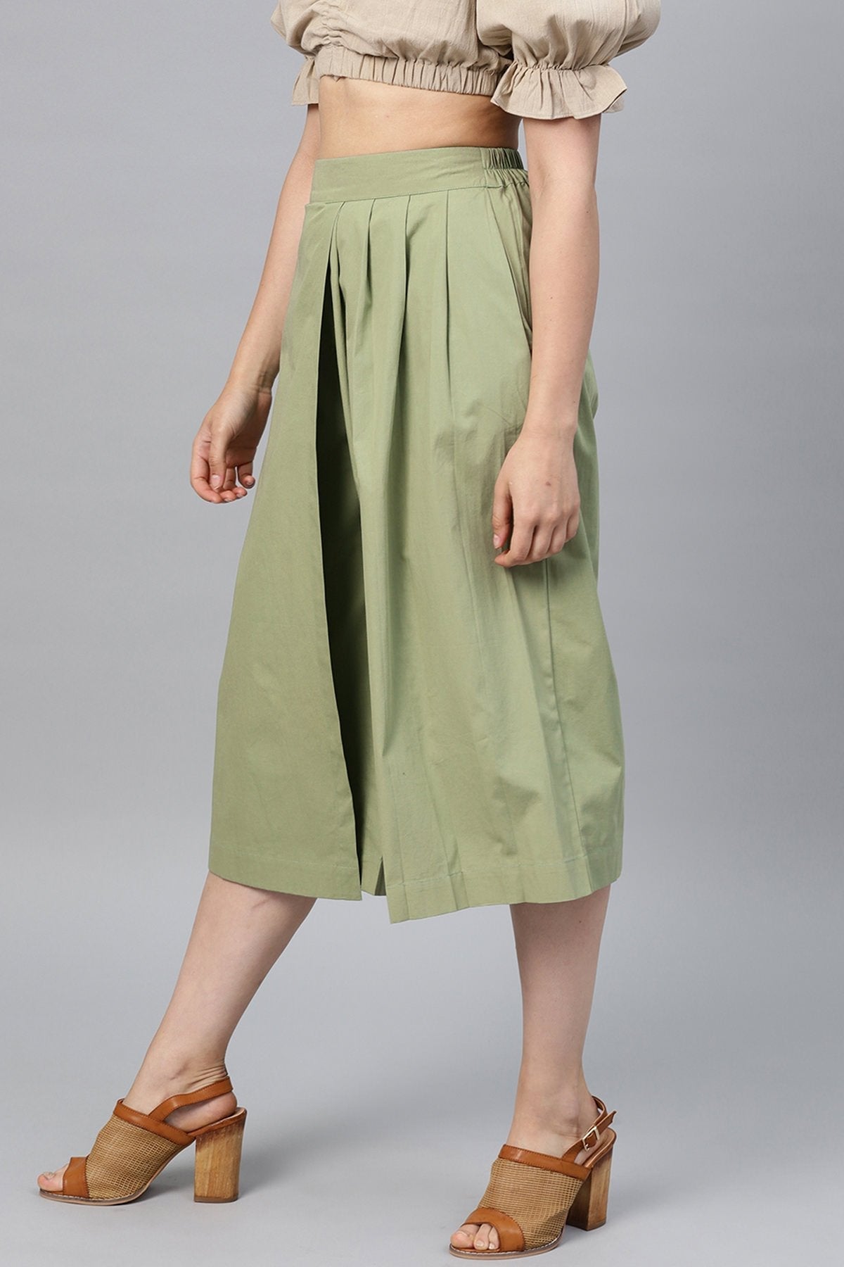 Women's Olive Side Pleated Palazzo Pants