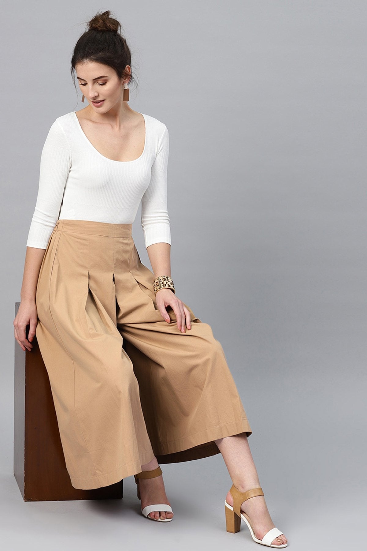 Women's Brown Box Pleats Pant