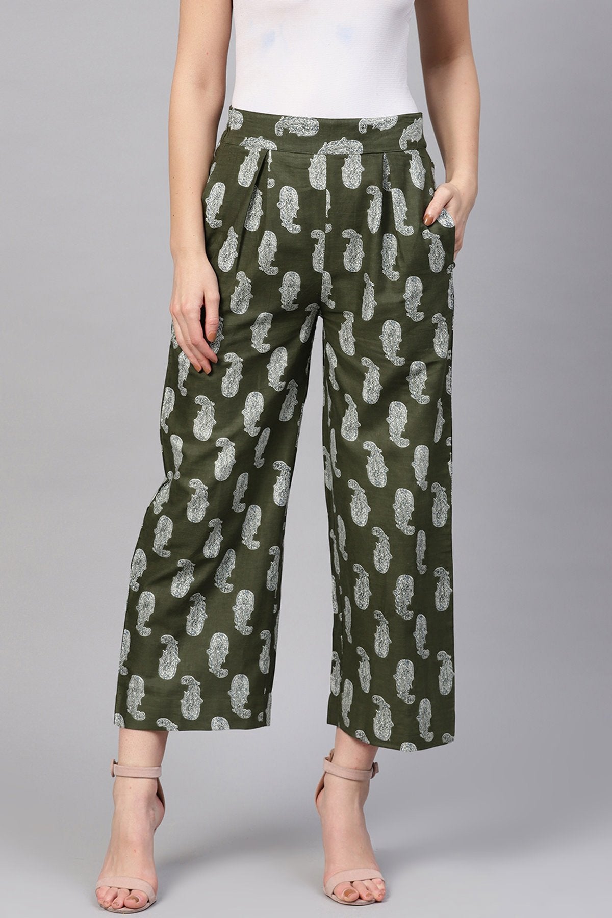 Women's Olive Paisley Pleated Palazzo Pants