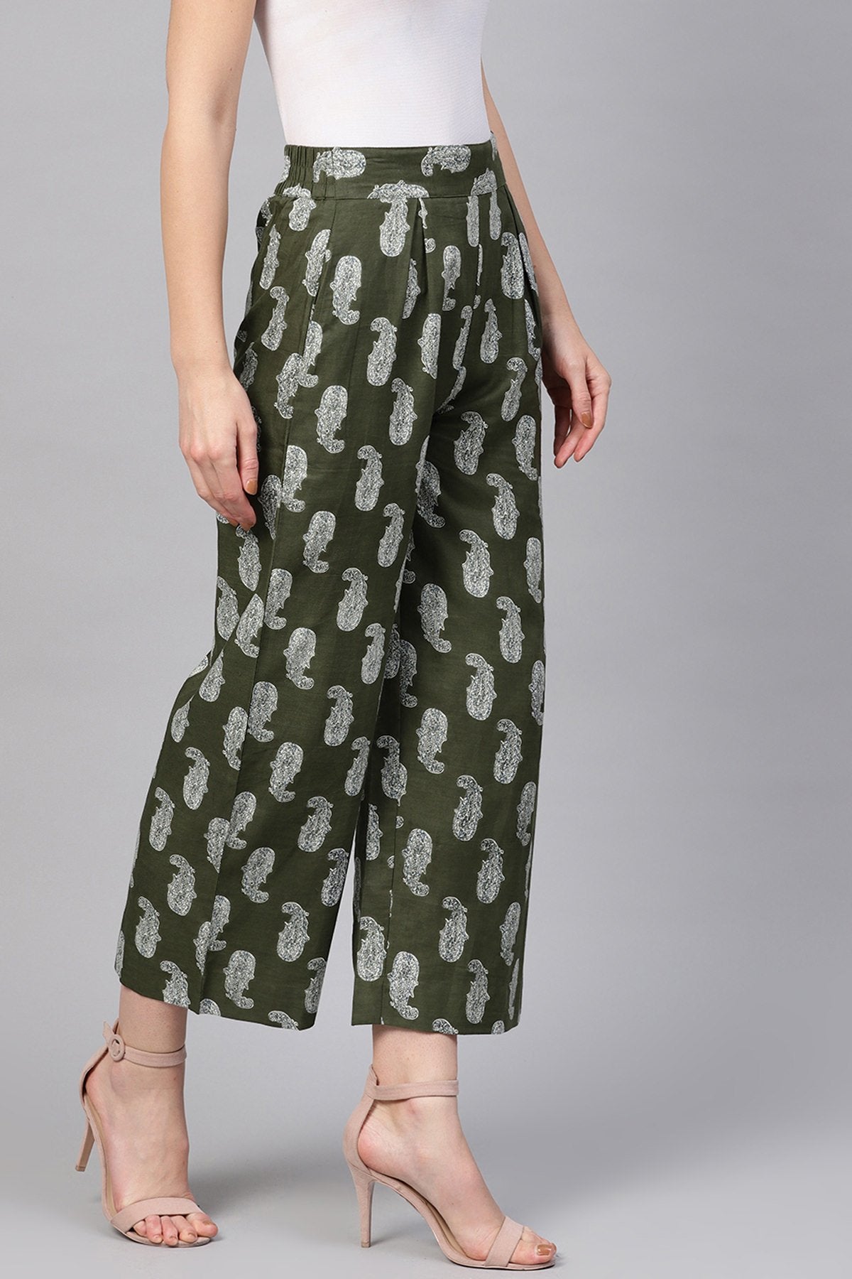 Women's Olive Paisley Pleated Palazzo Pants