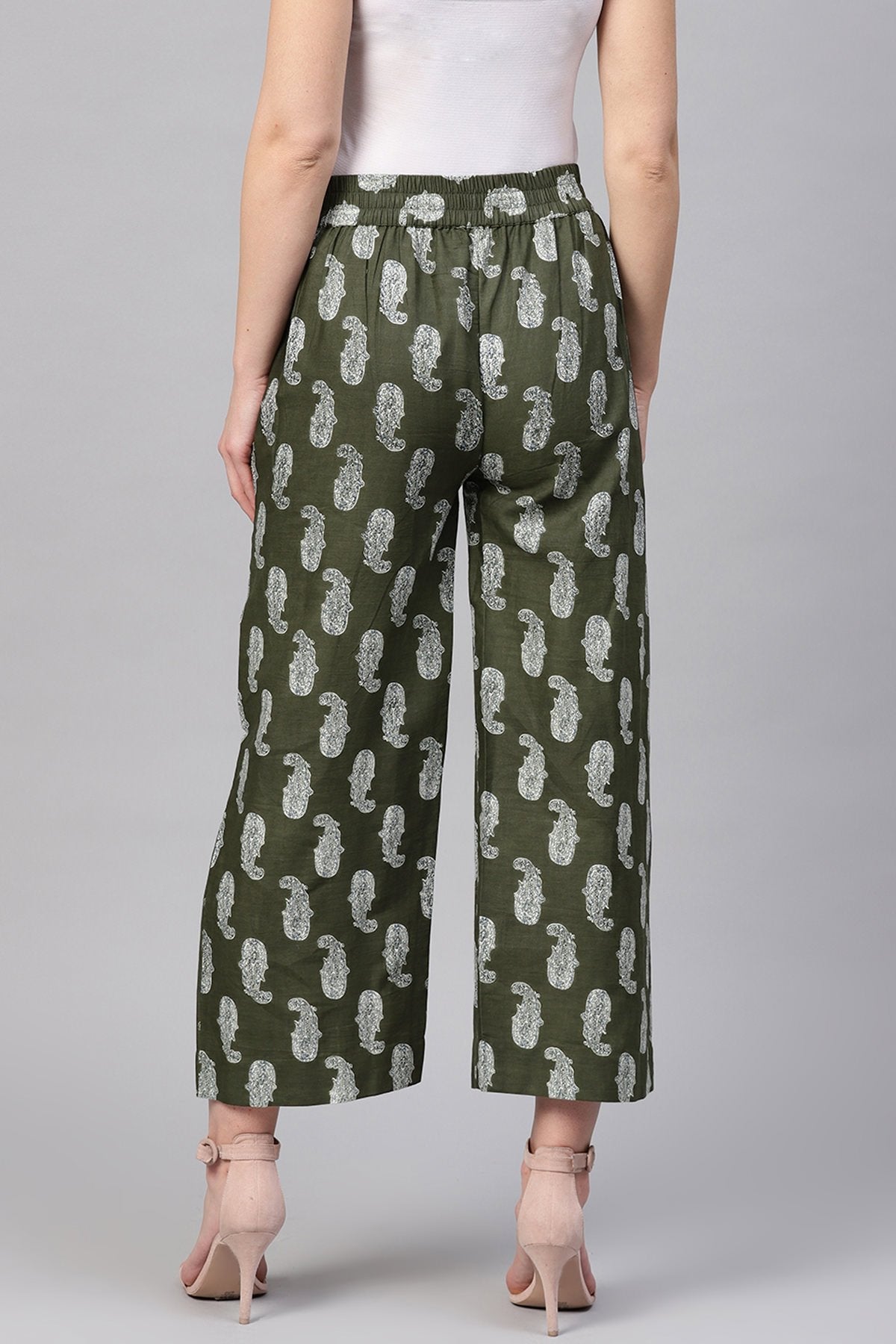 Women's Olive Paisley Pleated Palazzo Pants