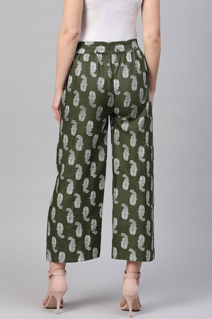 Women's Olive Paisley Pleated Palazzo Pants