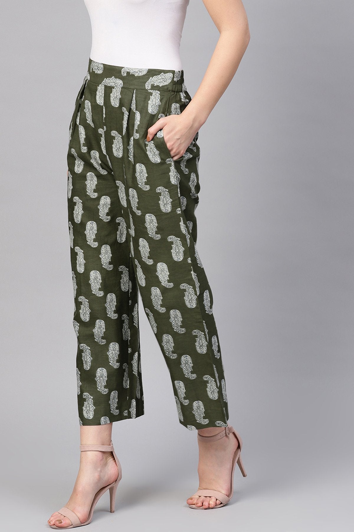 Women's Olive Paisley Pleated Palazzo Pants