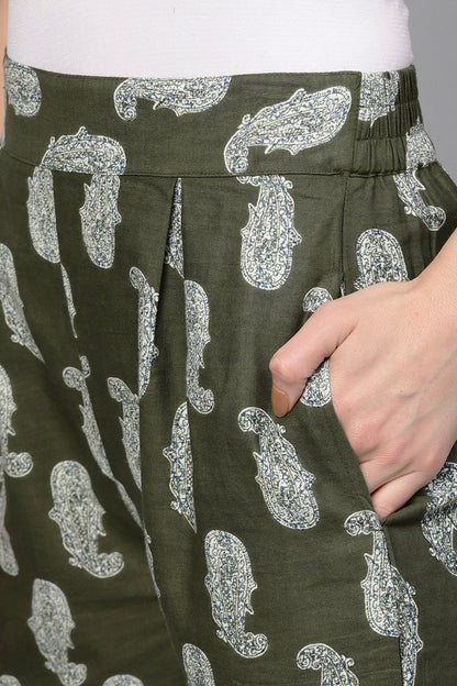 Women's Olive Paisley Pleated Palazzo Pants