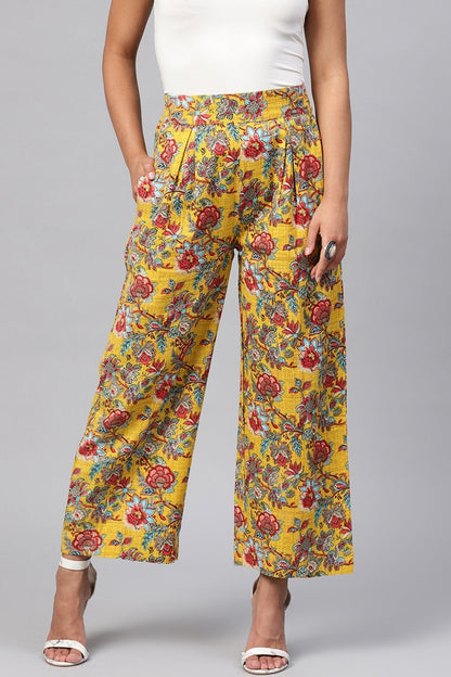Women's Yellow & Red Floral Pleated Palazzo Pants