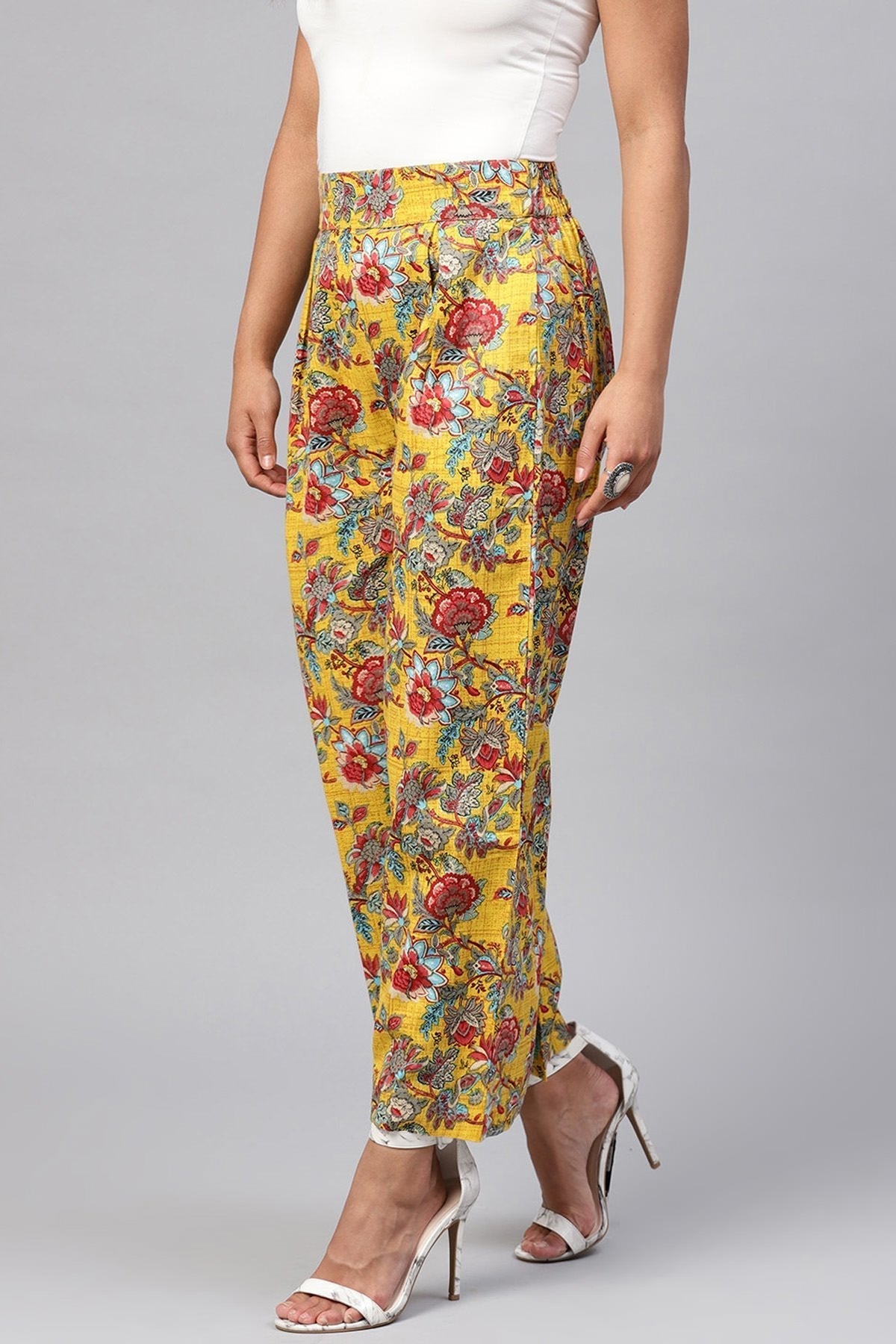 Women's Yellow & Red Floral Pleated Palazzo Pants