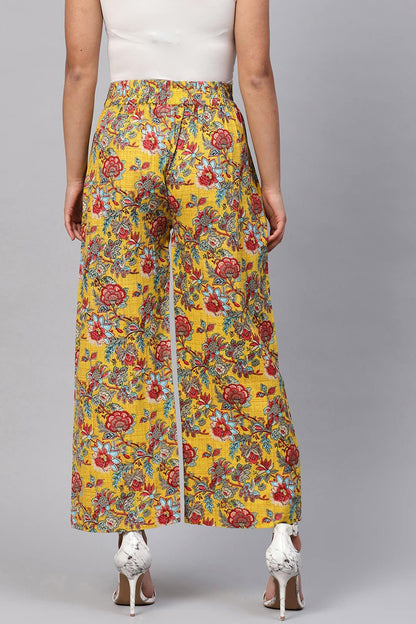 Women's Yellow & Red Floral Pleated Palazzo Pants