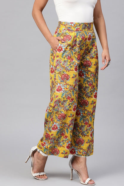 Women's Yellow & Red Floral Pleated Palazzo Pants