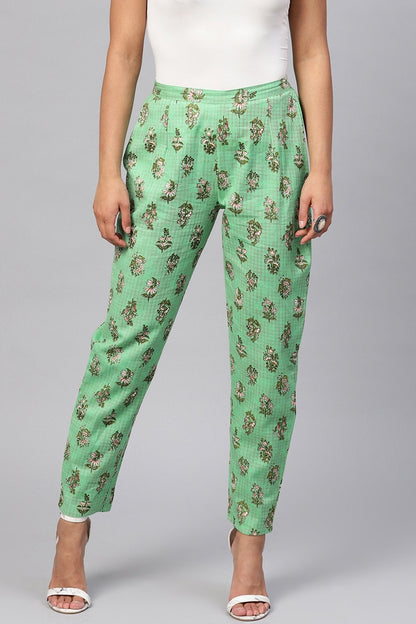 Women's Green Mughal Floral Pencil Pants