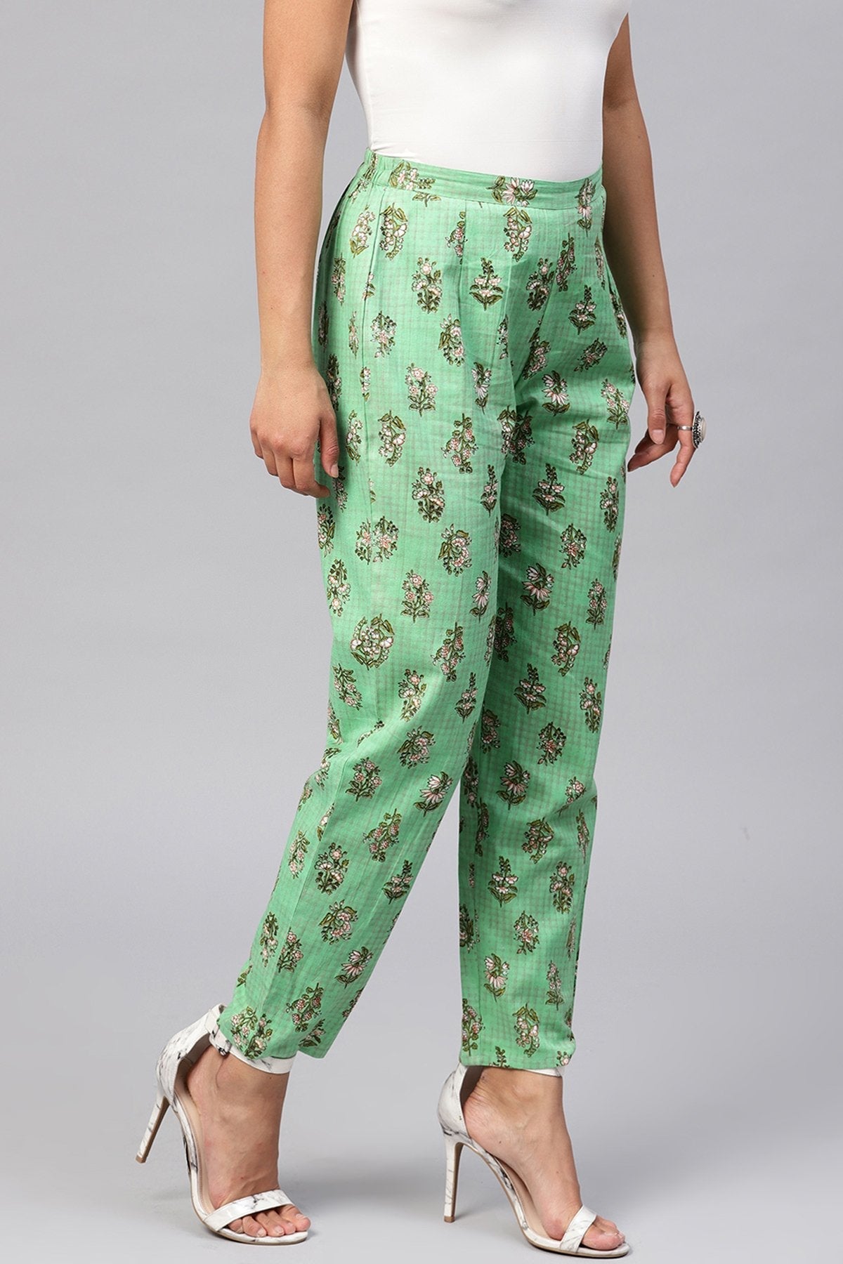 Women's Green Mughal Floral Pencil Pants