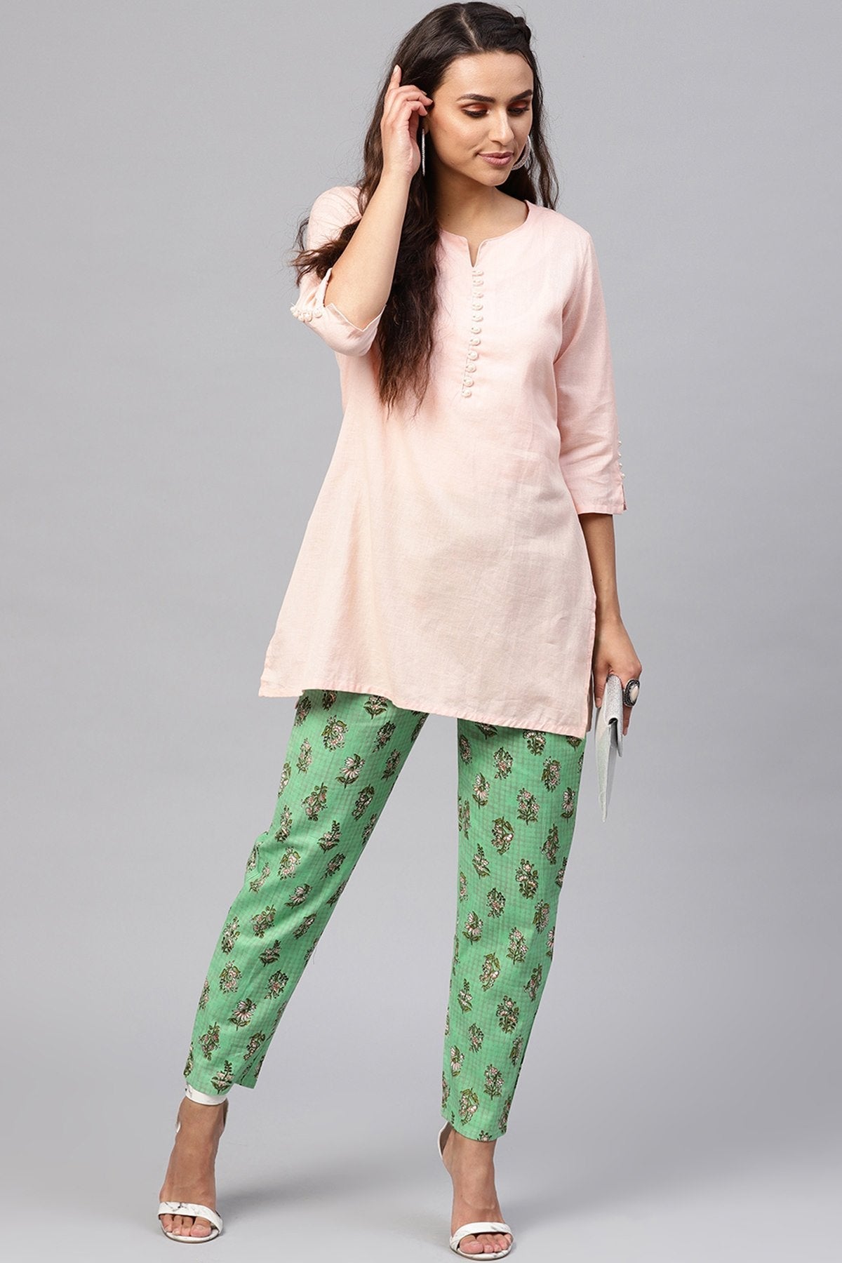 Women's Green Mughal Floral Pencil Pants