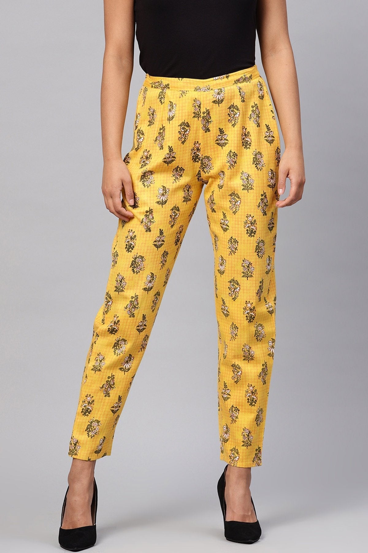 Women's Yellow Mughal Floral Pencil Pants