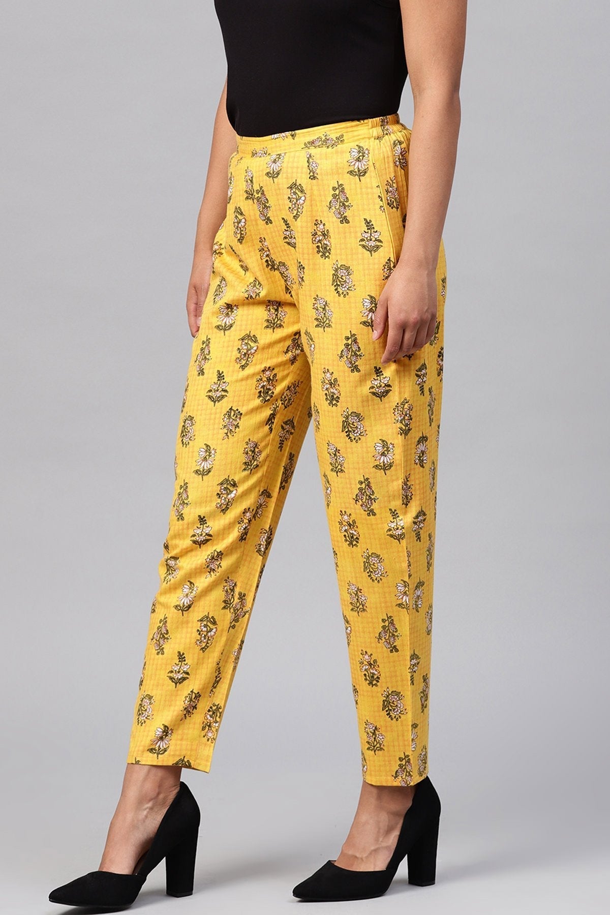 Women's Yellow Mughal Floral Pencil Pants