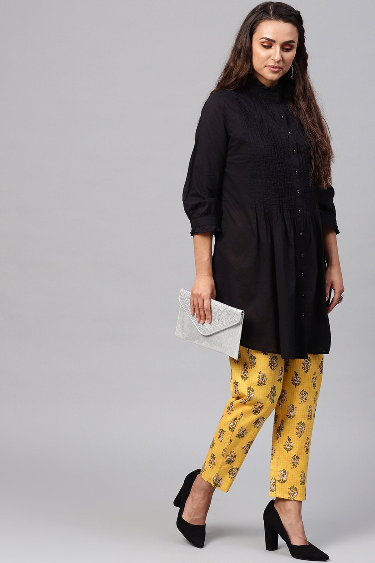 Women's Yellow Mughal Floral Pencil Pants
