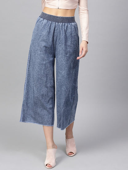 Women's Blue Denim Smocked Waist Pant