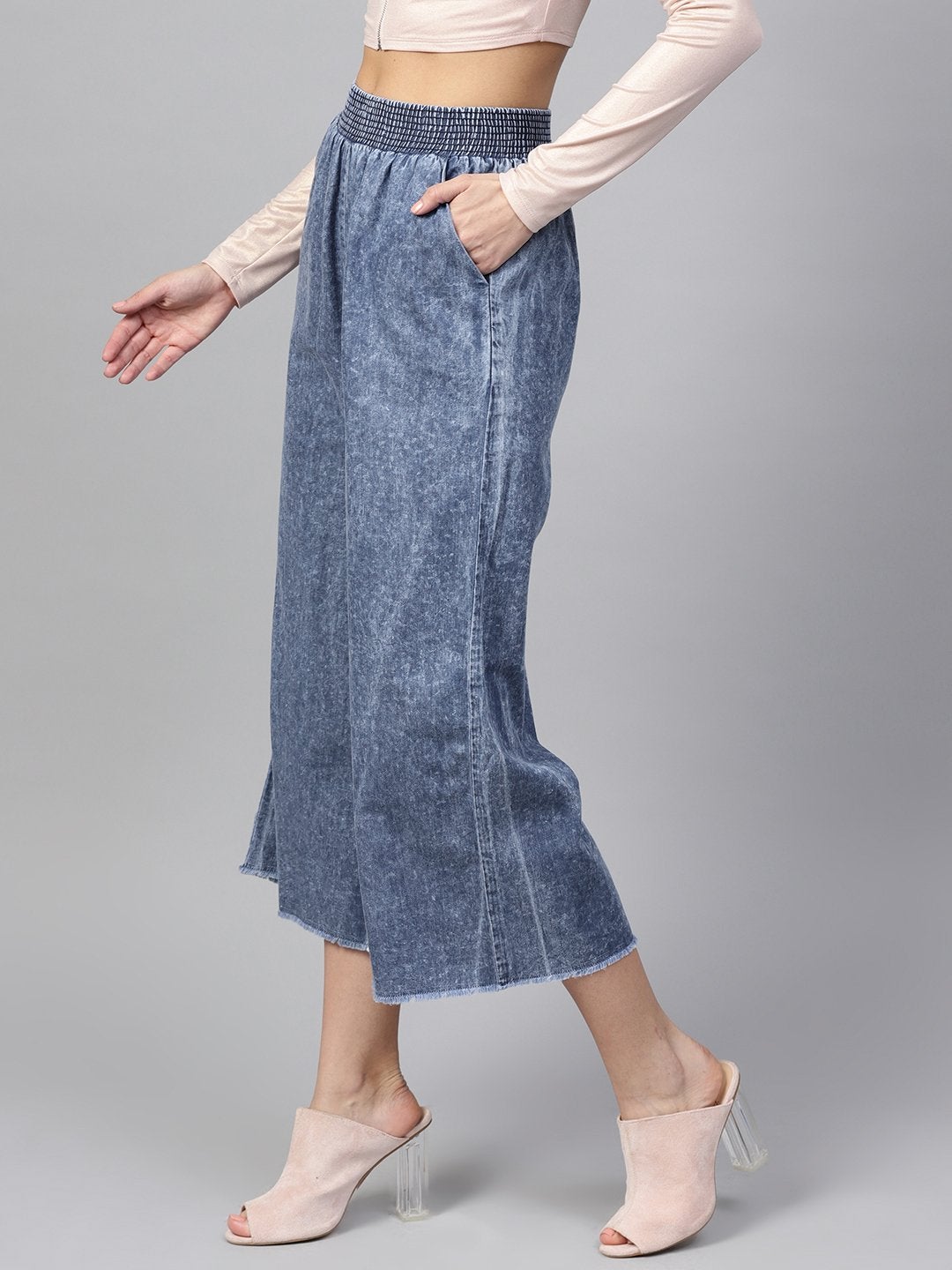 Women's Blue Denim Smocked Waist Pant