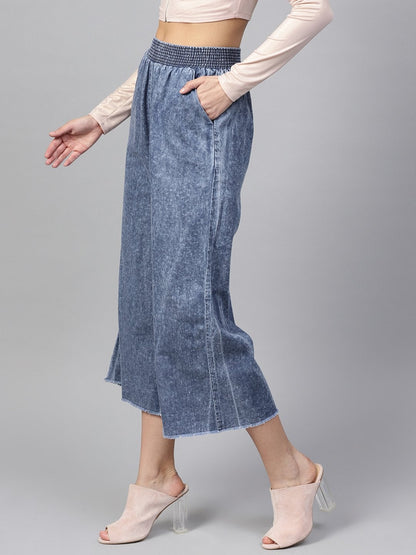 Women's Blue Denim Smocked Waist Pant