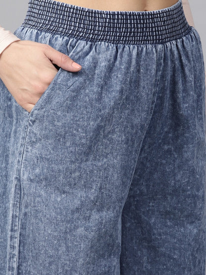 Women's Blue Denim Smocked Waist Pant