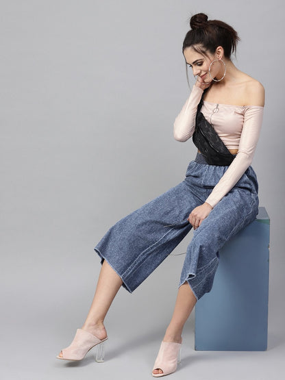 Women's Blue Denim Smocked Waist Pant