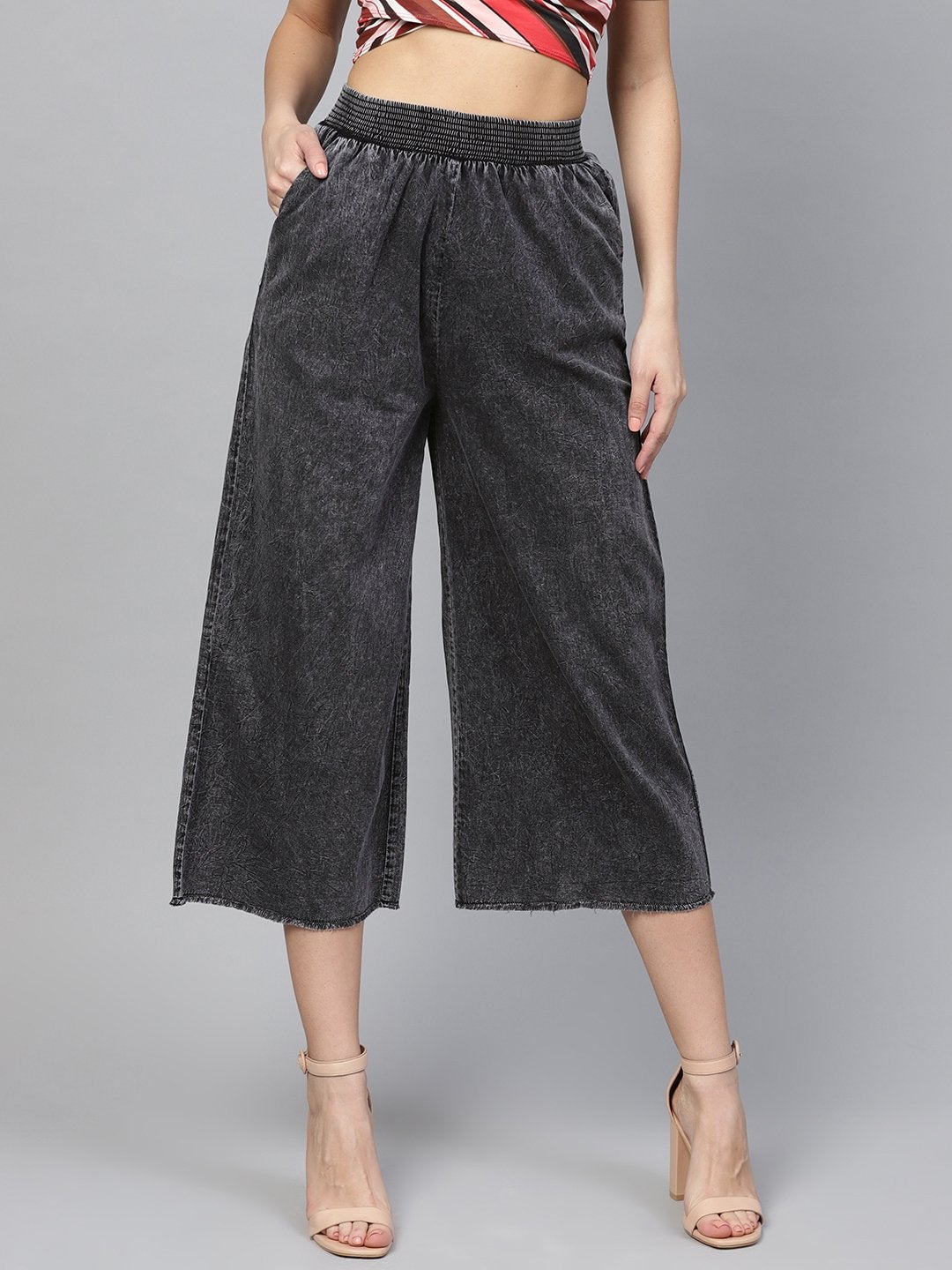 Women's Black Denim Smocked Waist Pant