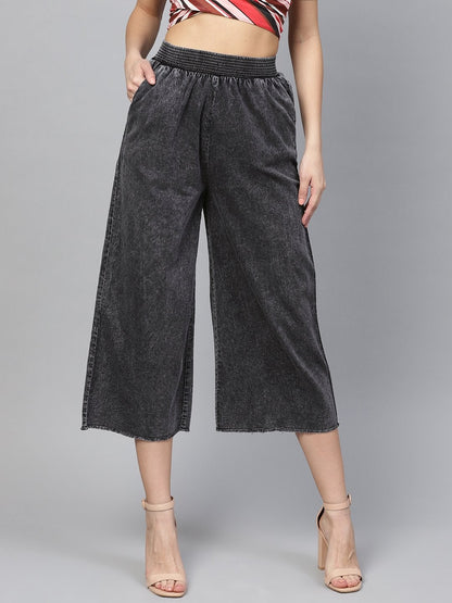 Women's Black Denim Smocked Waist Pant
