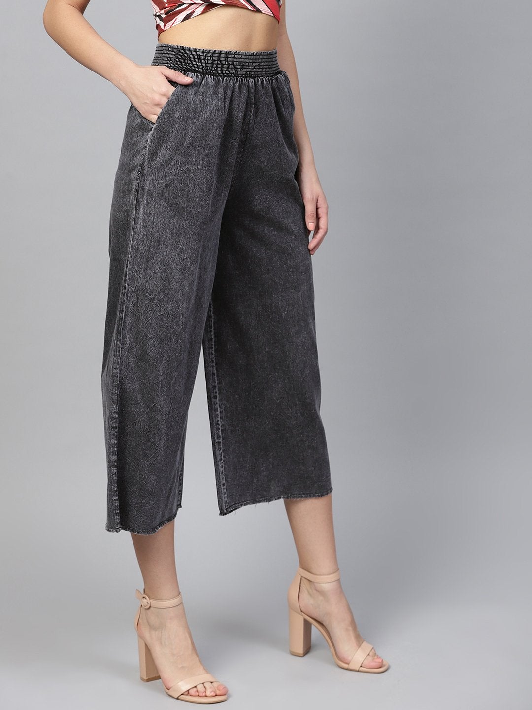 Women's Black Denim Smocked Waist Pant