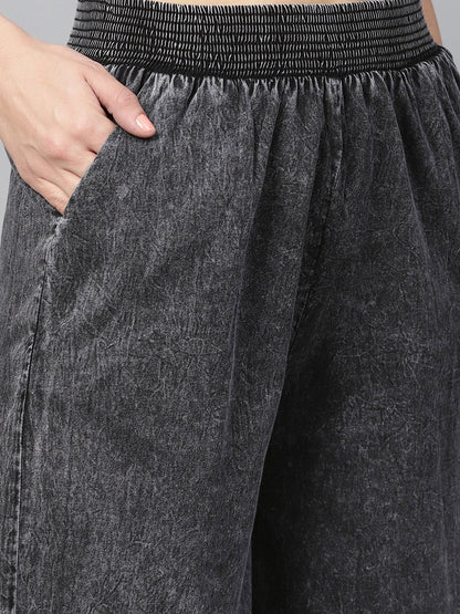Women's Black Denim Smocked Waist Pant