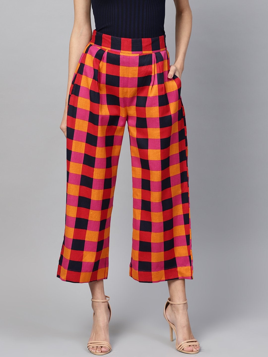 Women's Multi Check Pleated Pants