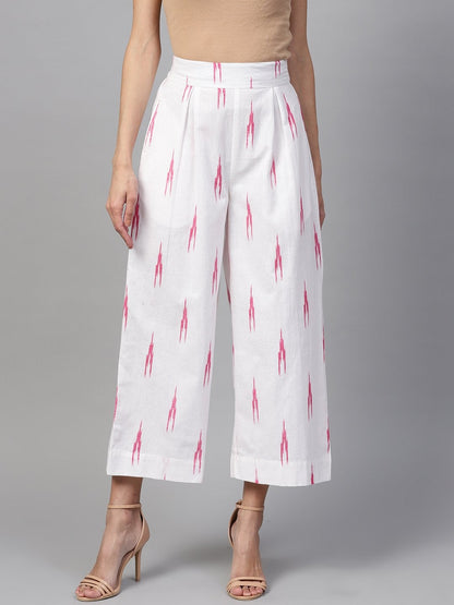 Women's White Ikat Pleated Pants