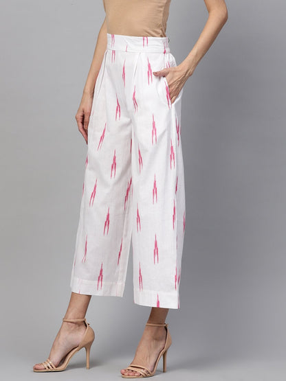 Women's White Ikat Pleated Pants