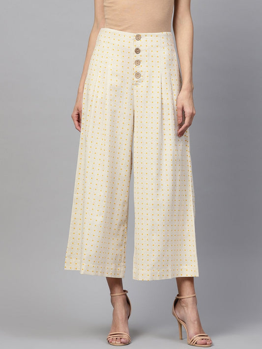 Women's Beige Polka Wood Button Culottes
