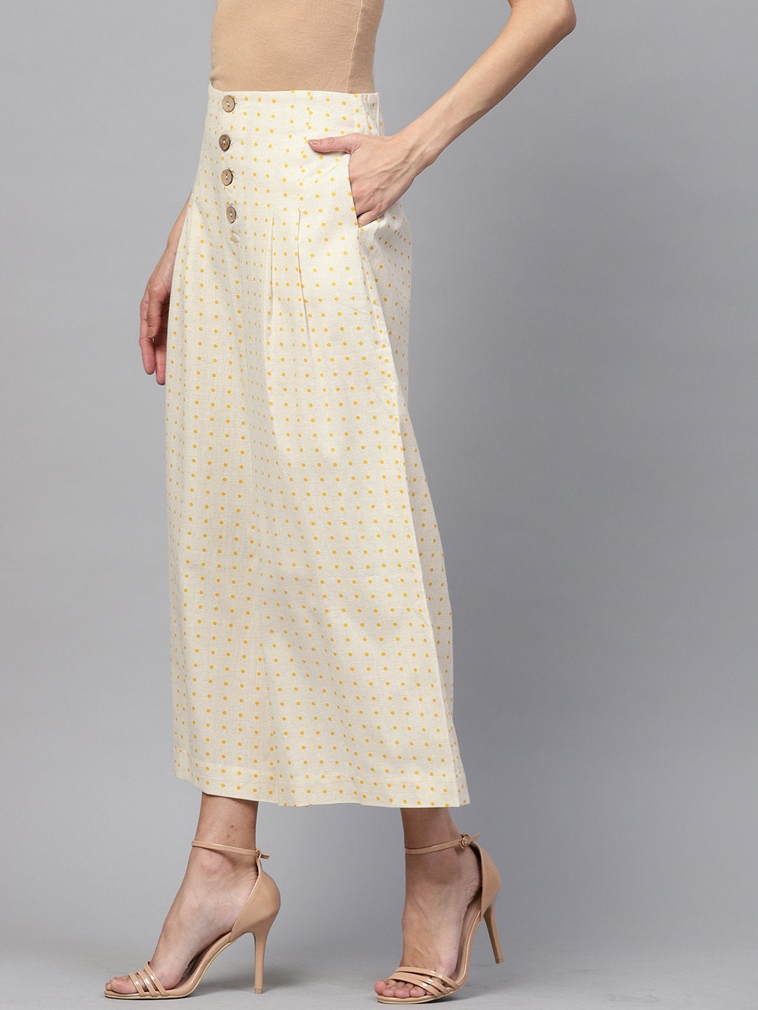 Women's Beige Polka Wood Button Culottes