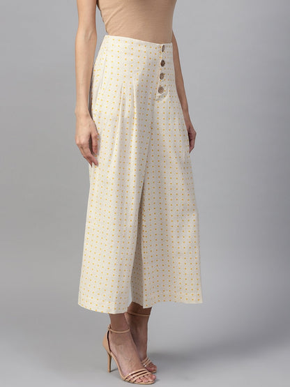 Women's Beige Polka Wood Button Culottes