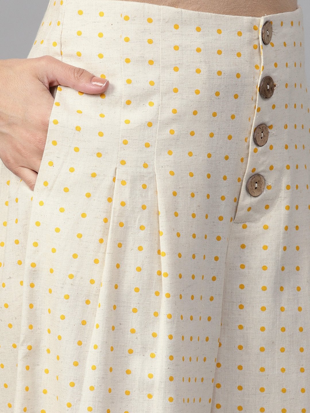 Women's Beige Polka Wood Button Culottes