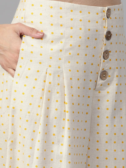 Women's Beige Polka Wood Button Culottes