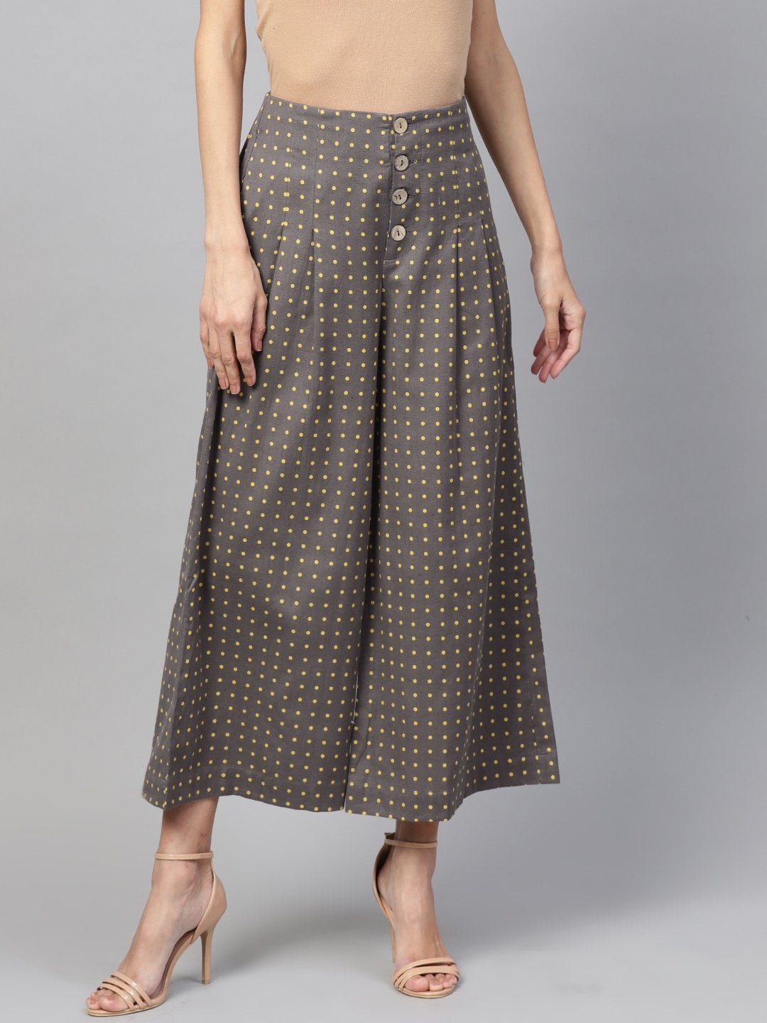 Women's Grey Polka Wood Button Culottes